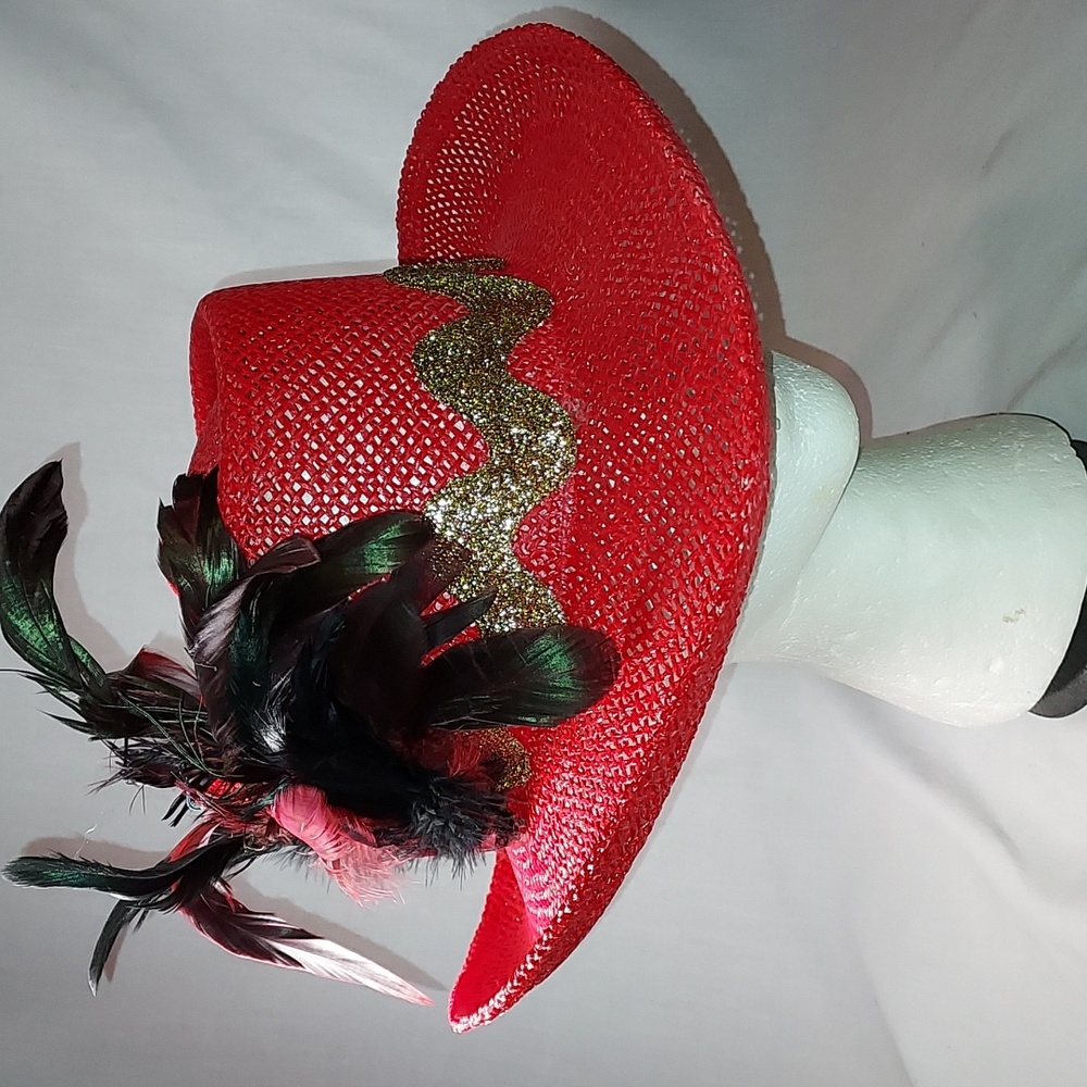 Handmade Cowgirl Straw Fancy Hat Red With Feather Design